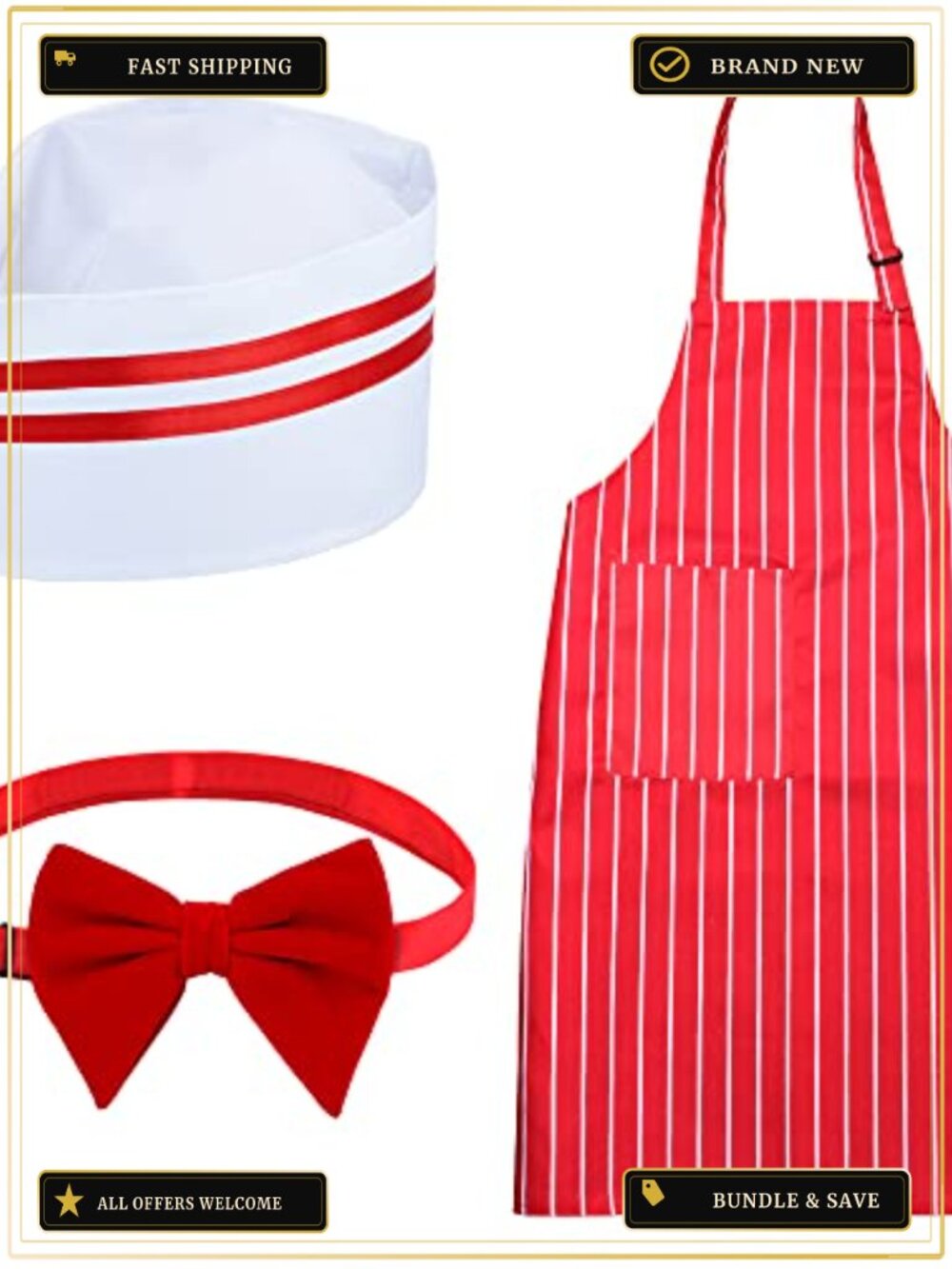 1950s Soda Jerk Waiter Costume Kit Hat Apron Velvet Bow Tie